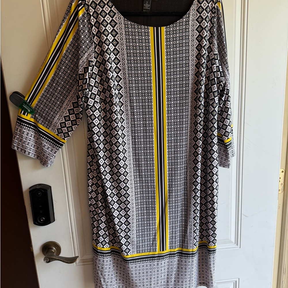 INC International Concepts Black & White Geometric Midi Dress with Yellow Stripe